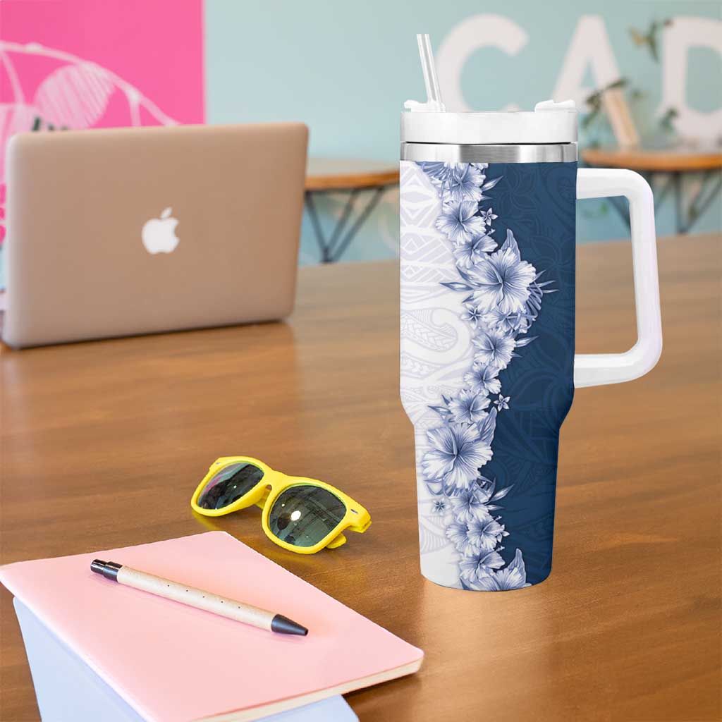 Hawaii Hibiscus Flowers Tumbler With Handle Blue Polynesian Pattern