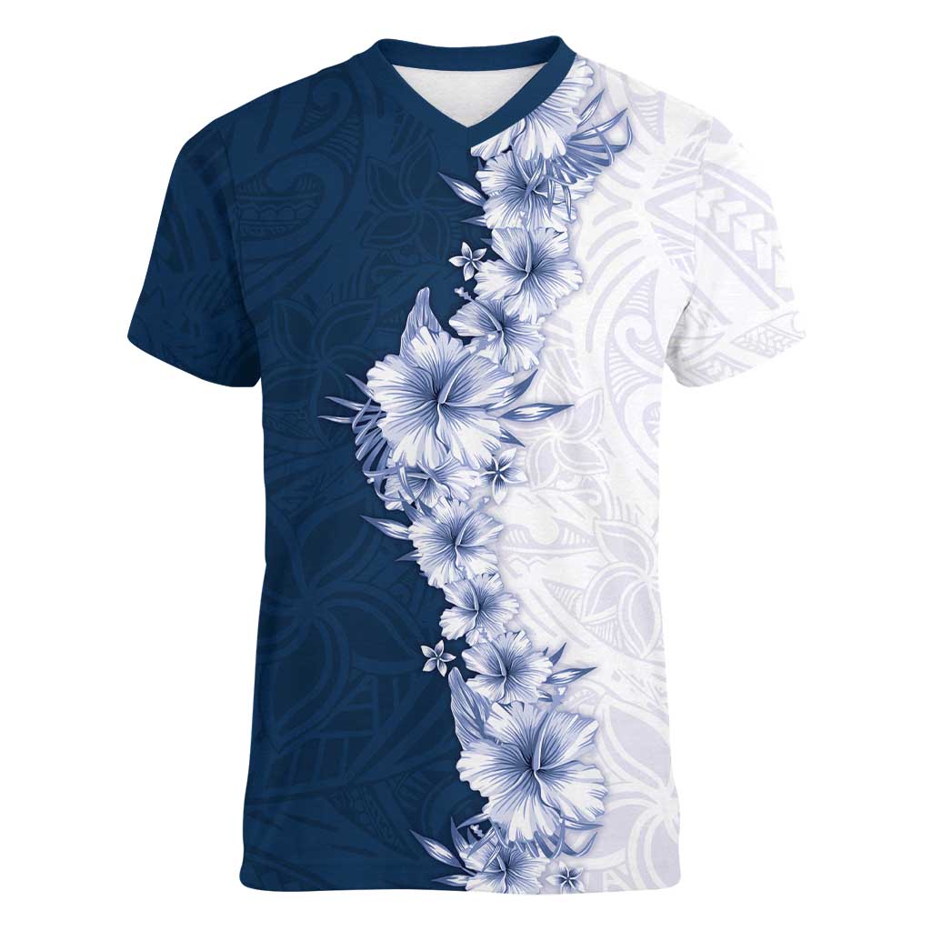 Hawaii Hibiscus Flowers Women V-Neck T-Shirt Blue Polynesian Pattern LT05 Female Blue - Polynesian Pride