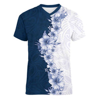 Hawaii Hibiscus Flowers Women V-Neck T-Shirt Blue Polynesian Pattern LT05 Female Blue - Polynesian Pride