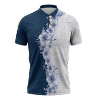 Hawaii Hibiscus Flowers Zipper Polo Shirt Blue Polynesian Pattern