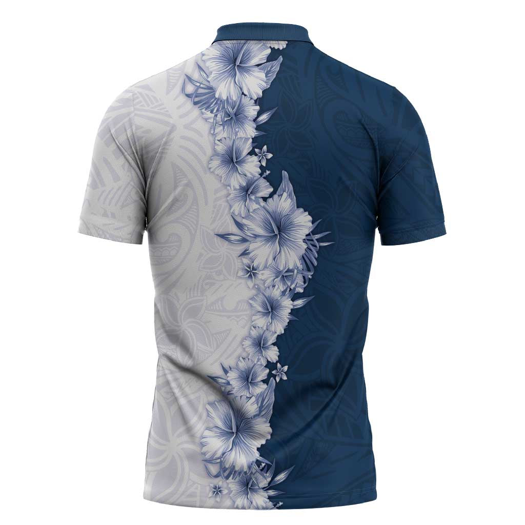 Hawaii Hibiscus Flowers Zipper Polo Shirt Blue Polynesian Pattern