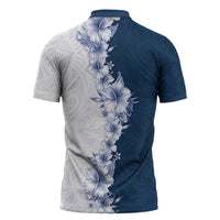 Hawaii Hibiscus Flowers Zipper Polo Shirt Blue Polynesian Pattern