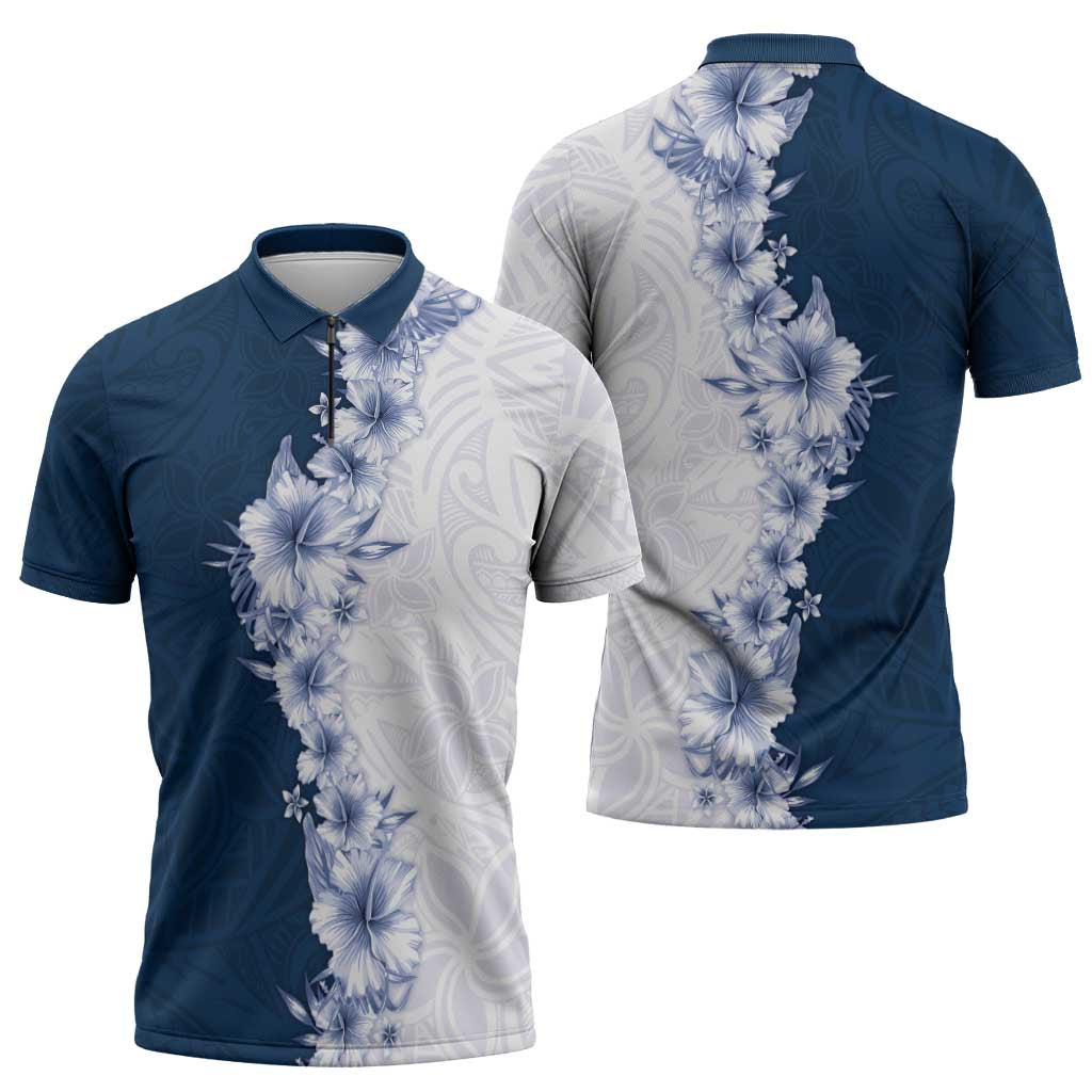 Hawaii Hibiscus Flowers Zipper Polo Shirt Blue Polynesian Pattern