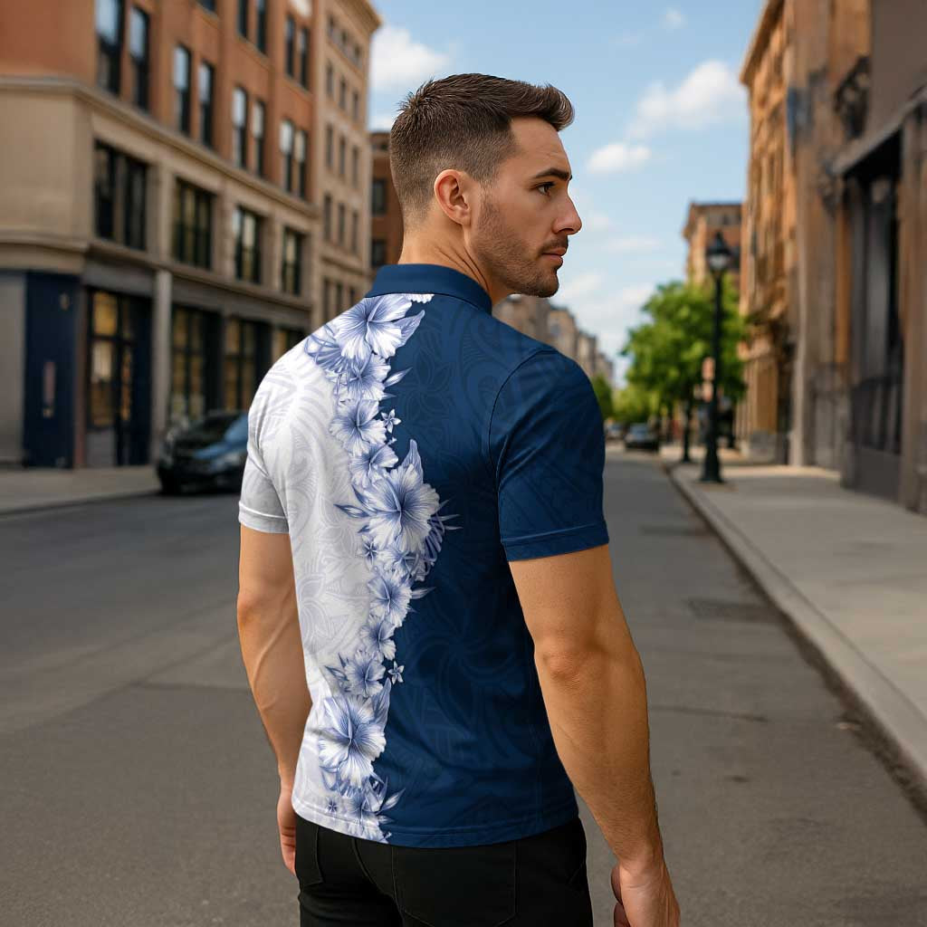 Hawaii Hibiscus Flowers Zipper Polo Shirt Blue Polynesian Pattern