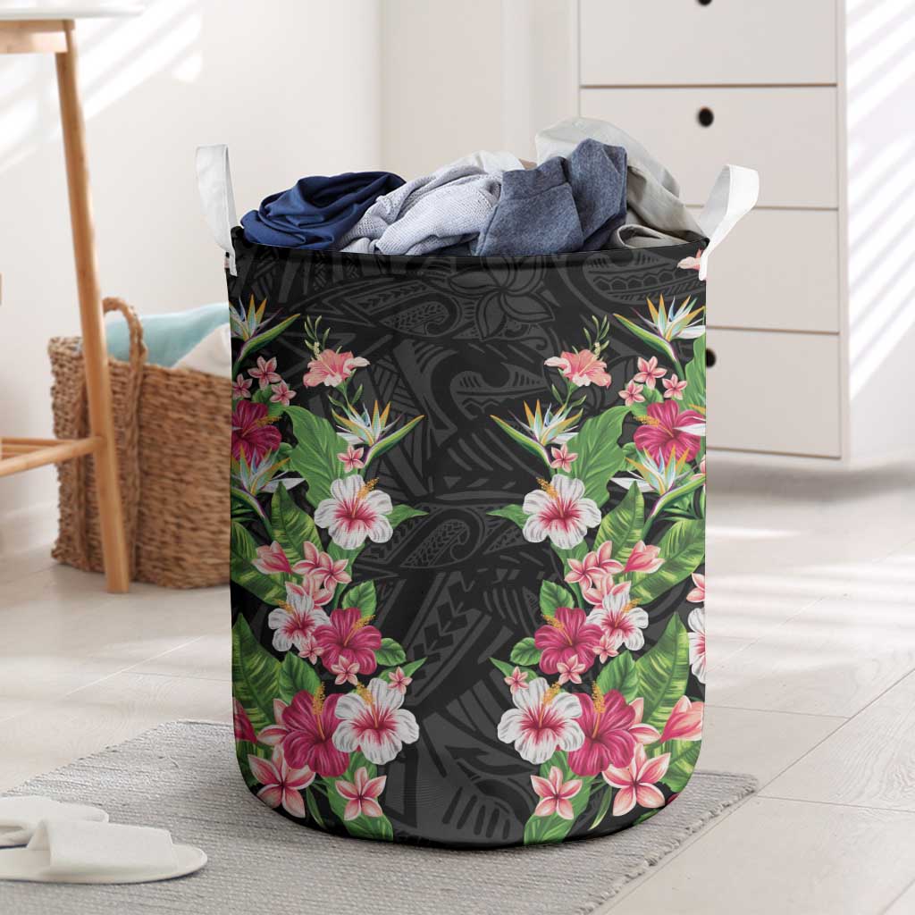 Hawaii Tropical Flowers Laundry Basket Black Polynesian Tattoo Art LT05 Black - Polynesian Pride