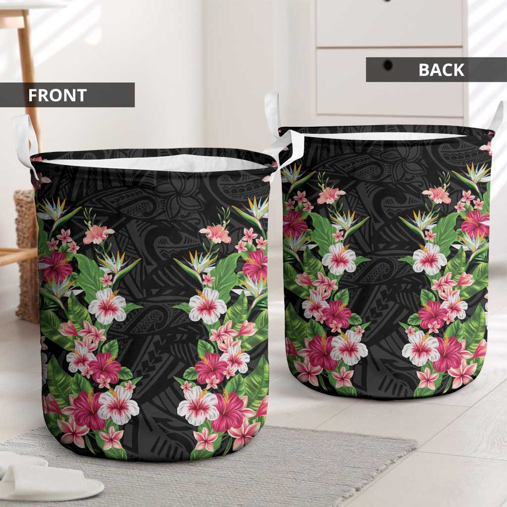 Hawaii Tropical Flowers Laundry Basket Black Polynesian Tattoo Art LT05 - Polynesian Pride