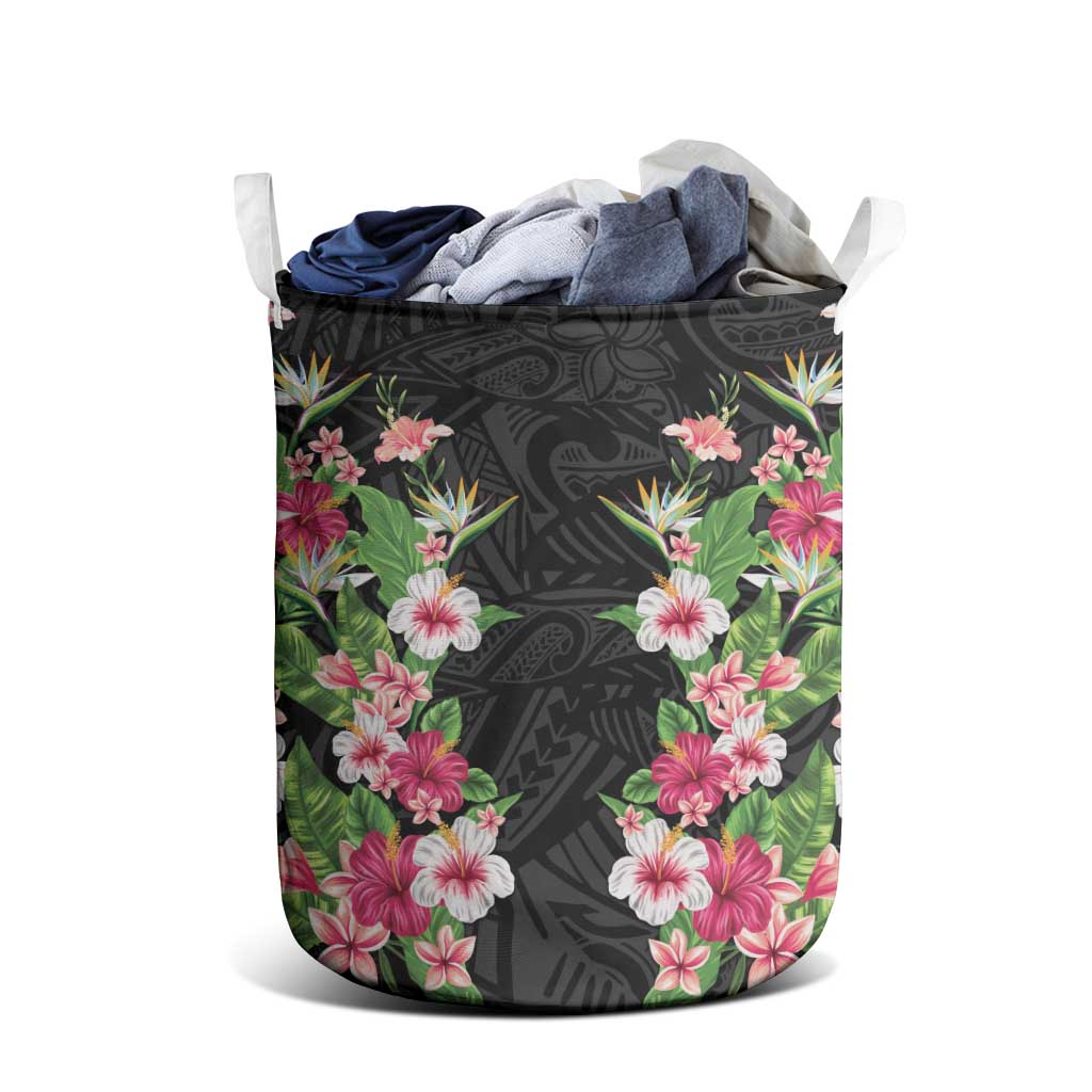 Hawaii Tropical Flowers Laundry Basket Black Polynesian Tattoo Art LT05 - Polynesian Pride