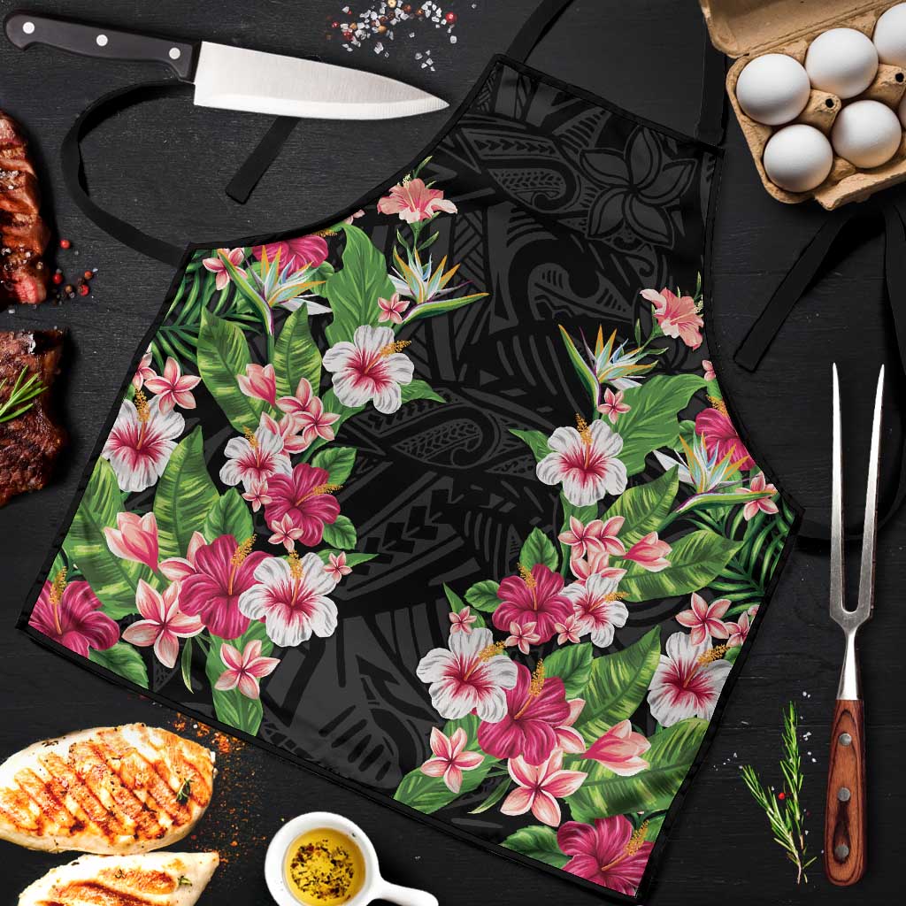 Hawaii Tropical Flowers Apron Black Polynesian Tattoo Art LT05 Black - Polynesian Pride