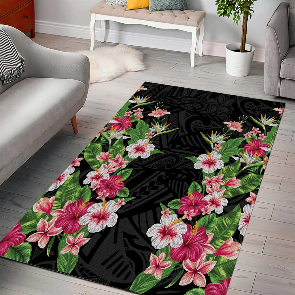 Hawaii Tropical Flowers Area Rug Black Polynesian Tattoo Art