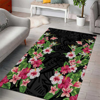 Hawaii Tropical Flowers Area Rug Black Polynesian Tattoo Art