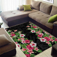Hawaii Tropical Flowers Area Rug Black Polynesian Tattoo Art