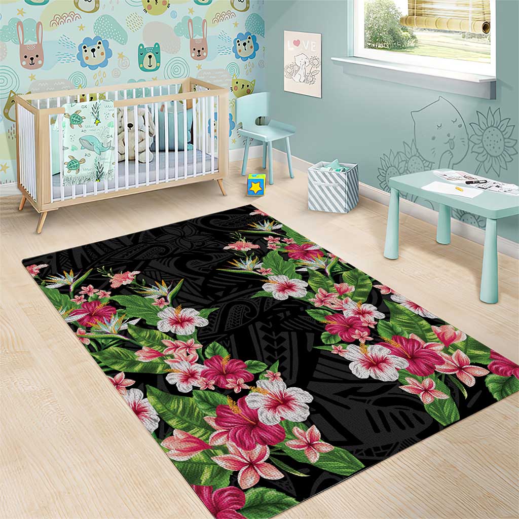 Hawaii Tropical Flowers Area Rug Black Polynesian Tattoo Art