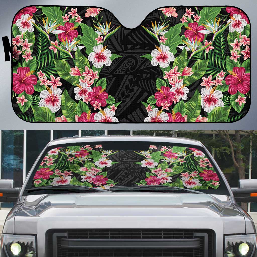 Hawaii Tropical Flowers Auto Sun Shade Black Polynesian Tattoo Art LT05 Black - Polynesian Pride