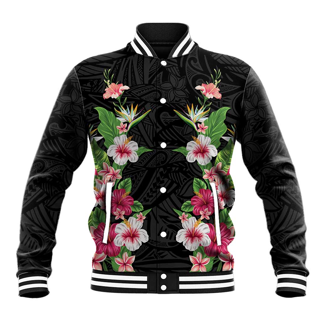 Hawaii Tropical Flowers Baseball Jacket Black Polynesian Tattoo Art LT05 Unisex Black - Polynesian Pride