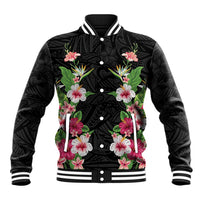 Hawaii Tropical Flowers Baseball Jacket Black Polynesian Tattoo Art LT05 Unisex Black - Polynesian Pride