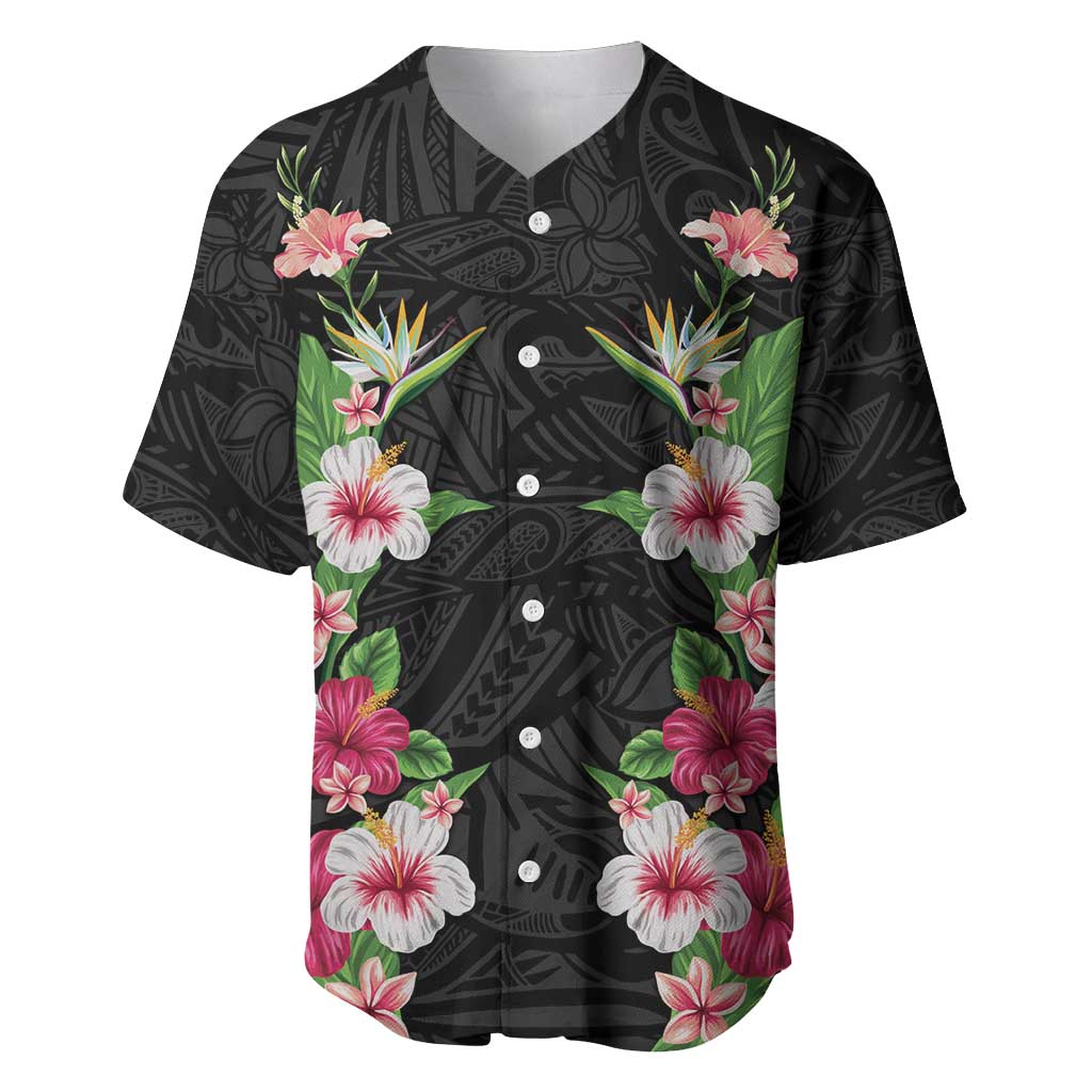 Hawaii Tropical Flowers Baseball Jersey Black Polynesian Tattoo Art LT05 Black - Polynesian Pride