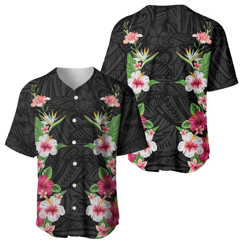 Hawaii Tropical Flowers Baseball Jersey Black Polynesian Tattoo Art LT05 - Polynesian Pride