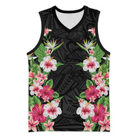 Hawaii Tropical Flowers Basketball Jersey Black Polynesian Tattoo Art LT05 Unisex Black - Polynesian Pride