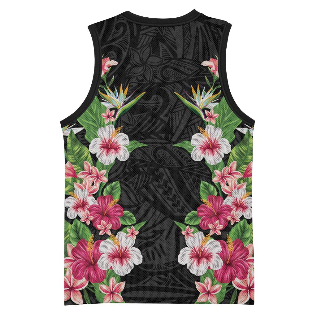 Hawaii Tropical Flowers Basketball Jersey Black Polynesian Tattoo Art LT05 - Polynesian Pride