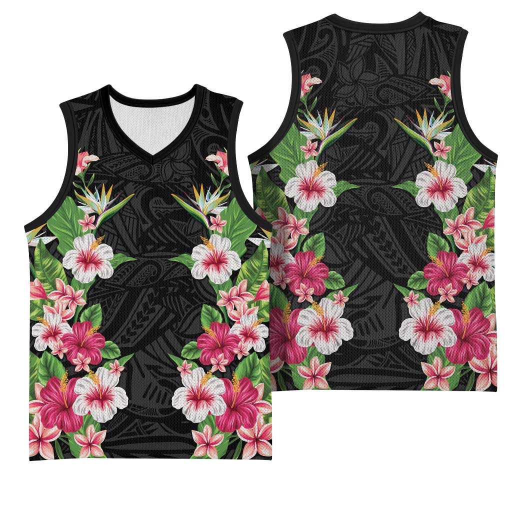 Hawaii Tropical Flowers Basketball Jersey Black Polynesian Tattoo Art LT05 - Polynesian Pride