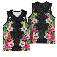 Hawaii Tropical Flowers Basketball Jersey Black Polynesian Tattoo Art LT05 - Polynesian Pride