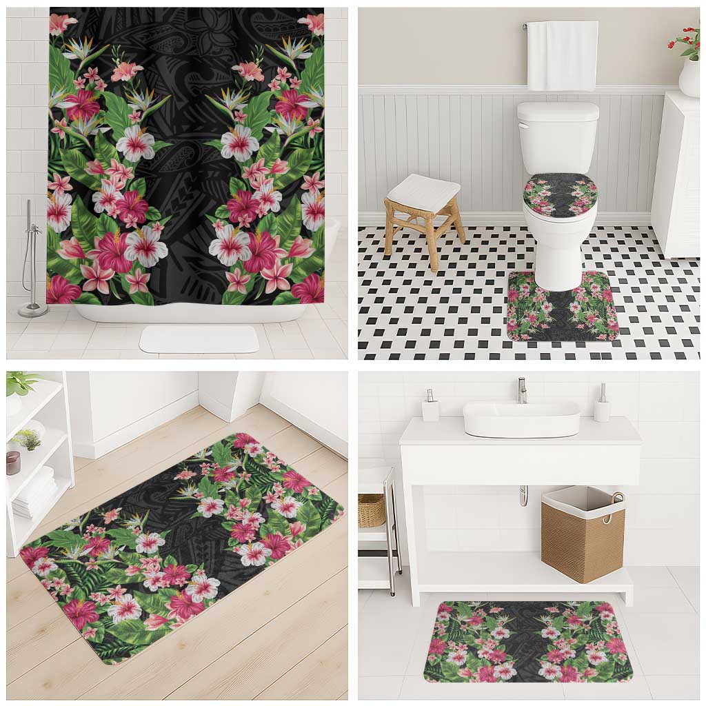 Hawaii Tropical Flowers Bathroom Set Black Polynesian Tattoo Art LT05 - Polynesian Pride