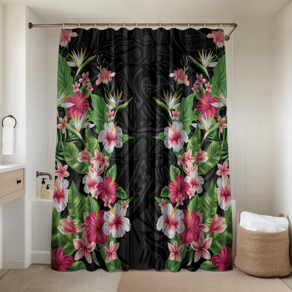 Hawaii Tropical Flowers Bathroom Set Black Polynesian Tattoo Art LT05 Shower Curtain Only Black - Polynesian Pride