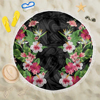 Hawaii Tropical Flowers Beach Blanket Black Polynesian Tattoo Art LT05 One Size 150cm Black - Polynesian Pride