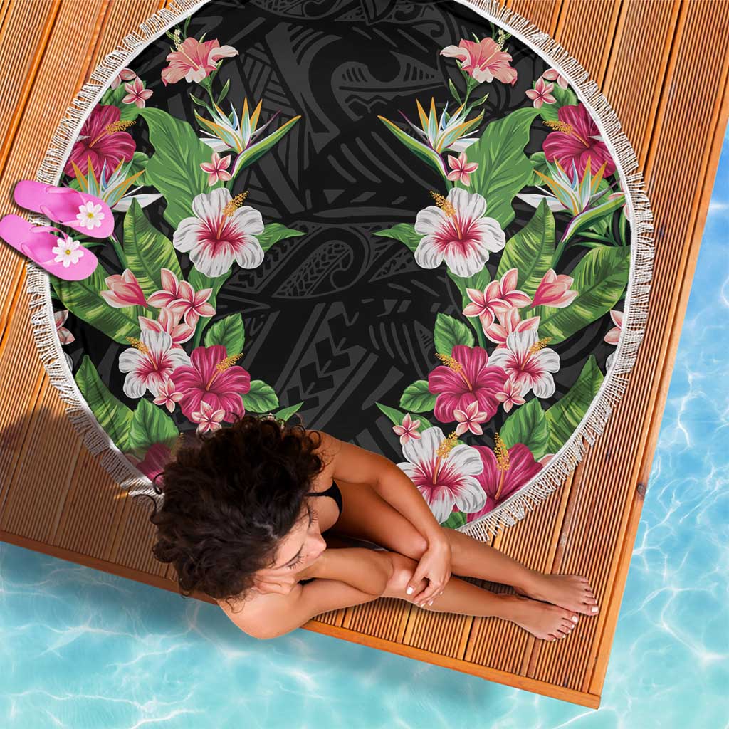 Hawaii Tropical Flowers Beach Blanket Black Polynesian Tattoo Art LT05 - Polynesian Pride