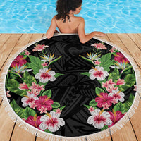 Hawaii Tropical Flowers Beach Blanket Black Polynesian Tattoo Art LT05 - Polynesian Pride