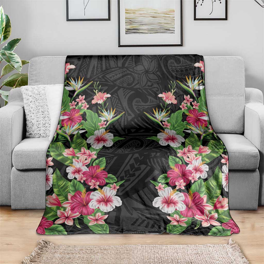 Hawaii Tropical Flowers Blanket Black Polynesian Tattoo Art LT05 - Polynesian Pride