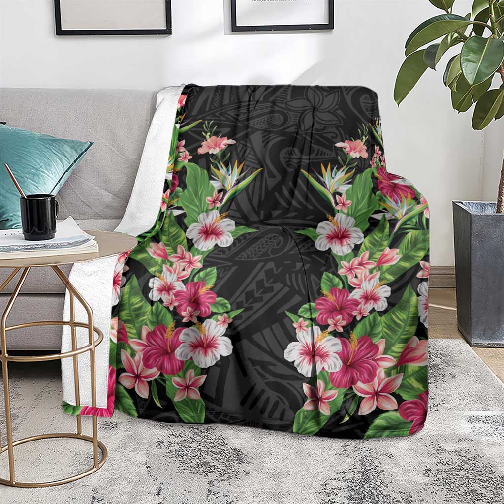 Hawaii Tropical Flowers Blanket Black Polynesian Tattoo Art LT05 - Polynesian Pride