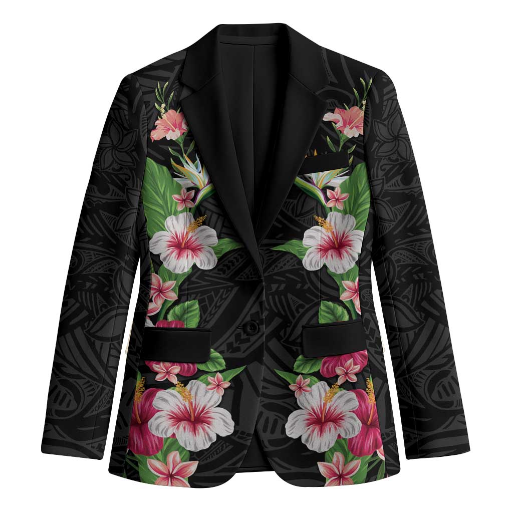 Hawaii Tropical Flowers Blazer Black Polynesian Tattoo Art LT05 Unisex Black - Polynesian Pride