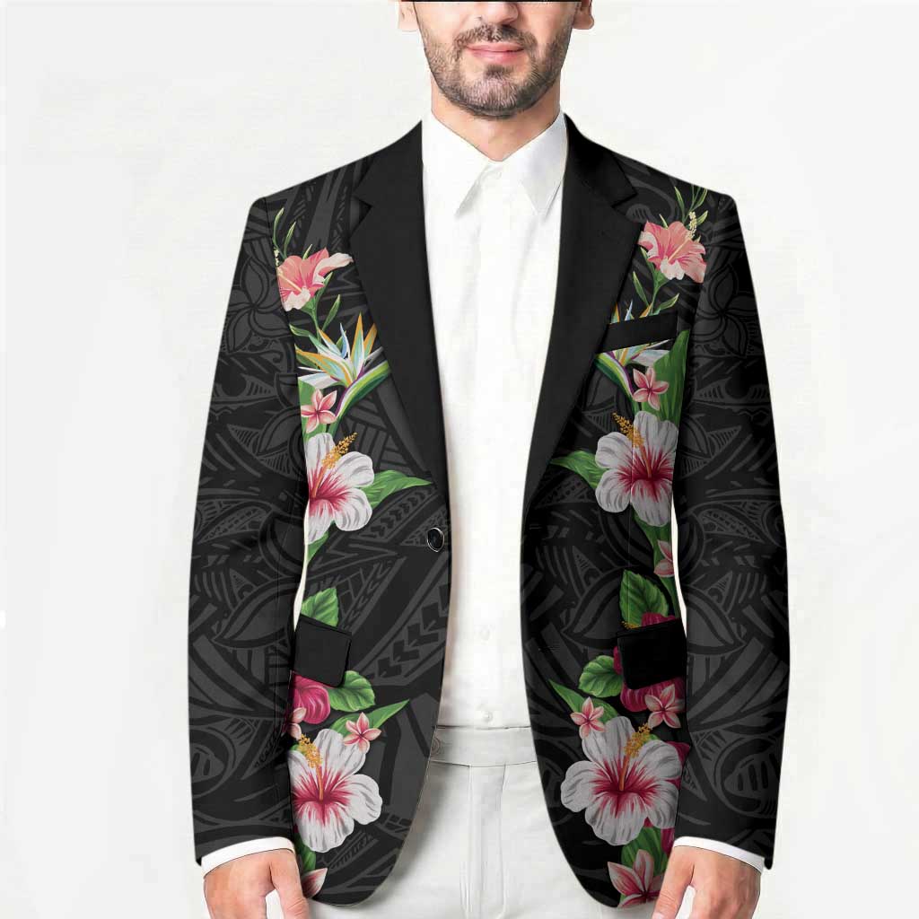 Hawaii Tropical Flowers Blazer Black Polynesian Tattoo Art LT05 - Polynesian Pride