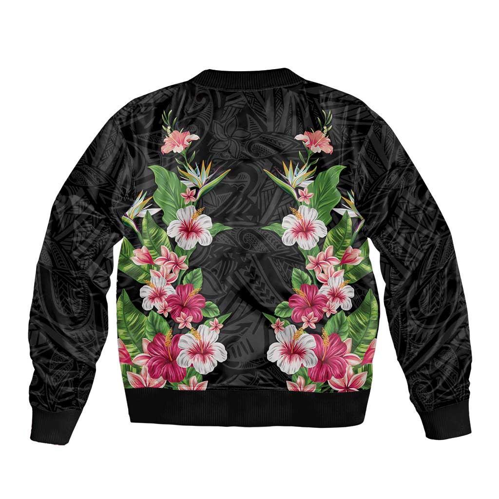 Hawaii Tropical Flowers Bomber Jacket Black Polynesian Tattoo Art LT05 - Polynesian Pride
