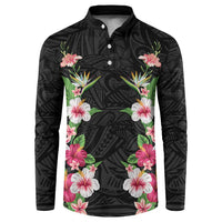 Hawaii Tropical Flowers Button Sweatshirt Black Polynesian Tattoo Art LT05 Black - Polynesian Pride