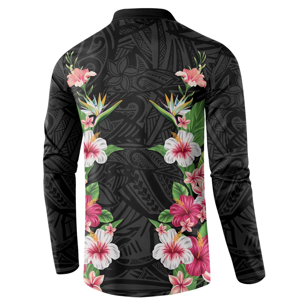Hawaii Tropical Flowers Button Sweatshirt Black Polynesian Tattoo Art LT05 - Polynesian Pride