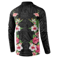 Hawaii Tropical Flowers Button Sweatshirt Black Polynesian Tattoo Art LT05 - Polynesian Pride