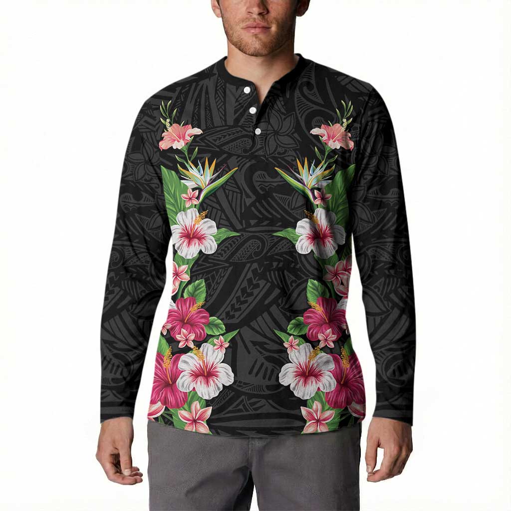 Hawaii Tropical Flowers Button Sweatshirt Black Polynesian Tattoo Art LT05 - Polynesian Pride