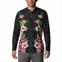Hawaii Tropical Flowers Button Sweatshirt Black Polynesian Tattoo Art LT05 - Polynesian Pride
