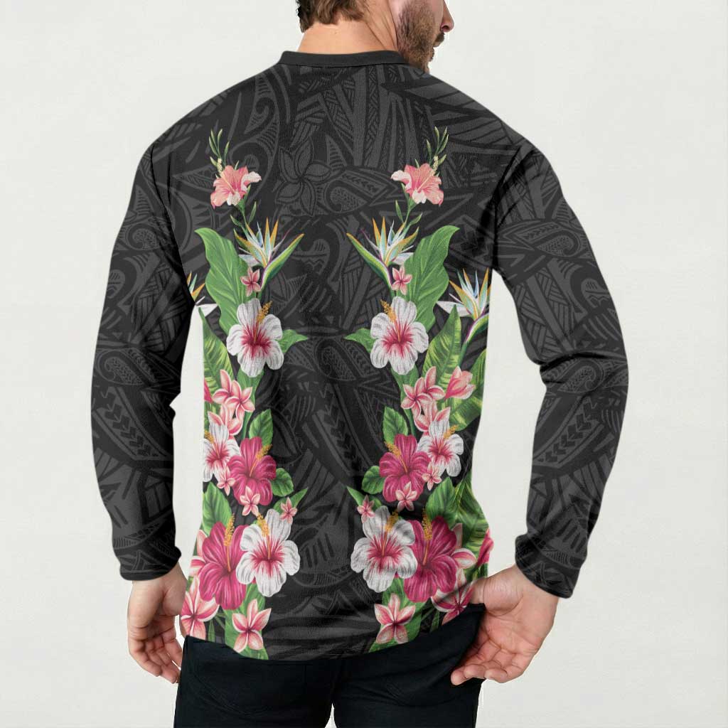 Hawaii Tropical Flowers Button Sweatshirt Black Polynesian Tattoo Art LT05 - Polynesian Pride