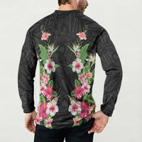 Hawaii Tropical Flowers Button Sweatshirt Black Polynesian Tattoo Art LT05 - Polynesian Pride