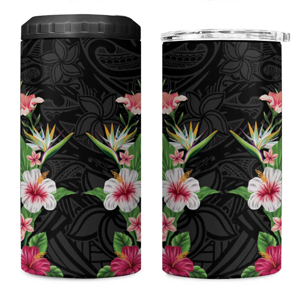 Hawaii Tropical Flowers 4 in 1 Can Cooler Tumbler Black Polynesian Tattoo Art LT05 One Size: 16 oz Black - Polynesian Pride