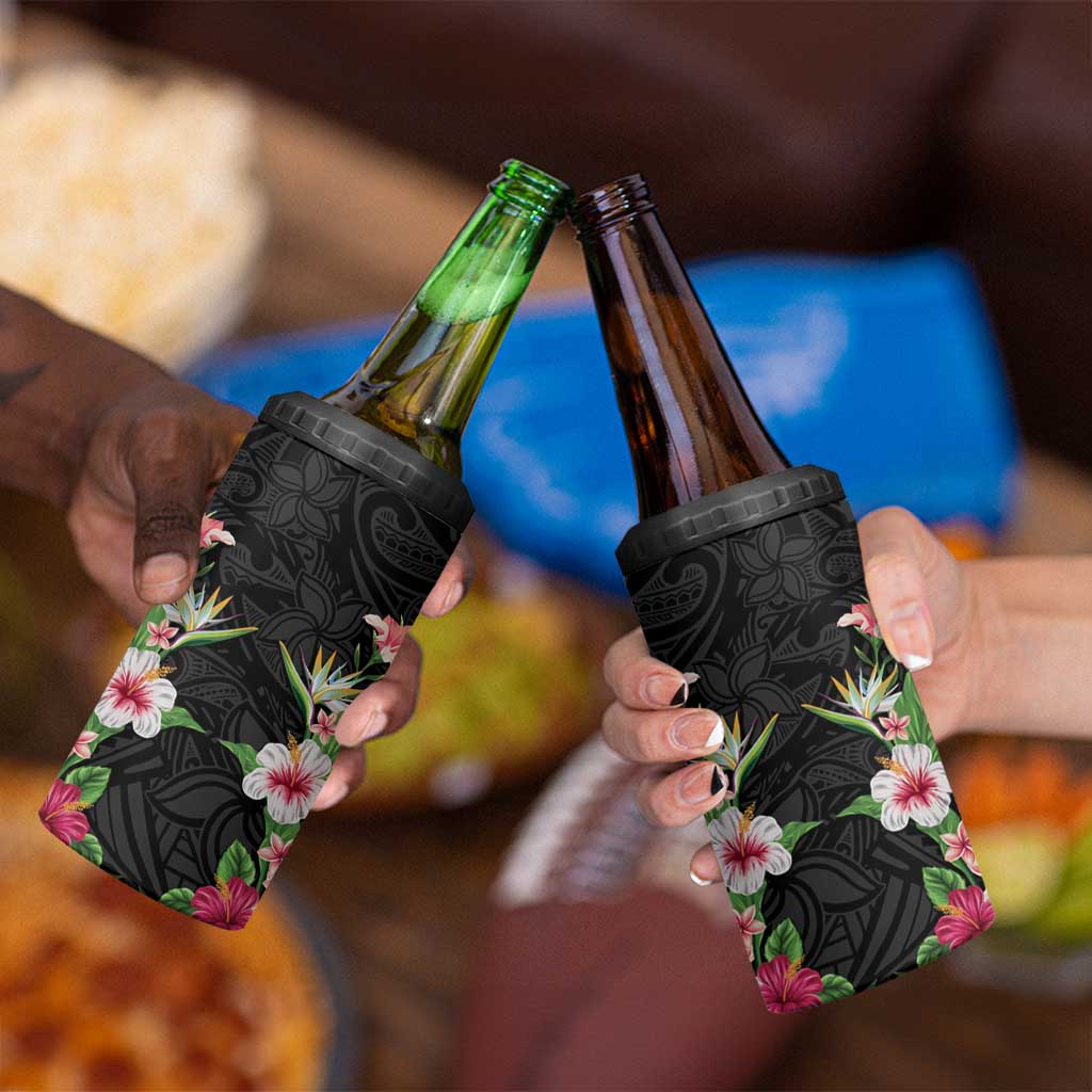 Hawaii Tropical Flowers 4 in 1 Can Cooler Tumbler Black Polynesian Tattoo Art LT05 - Polynesian Pride