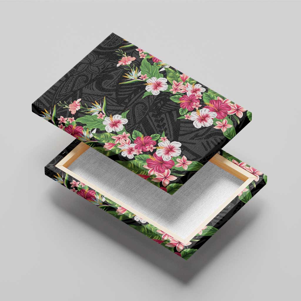 Hawaii Tropical Flowers Canvas Wall Art Black Polynesian Tattoo Art LT05 - Polynesian Pride