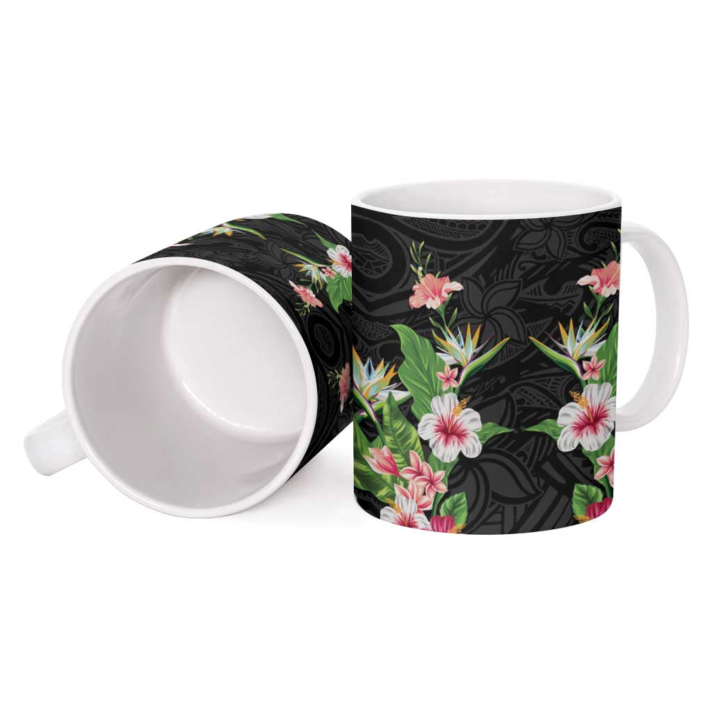 Hawaii Tropical Flowers Ceramic Mug Black Polynesian Tattoo Art LT05 - Polynesian Pride