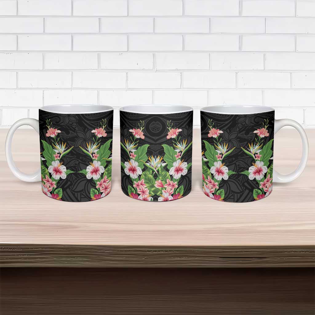 Hawaii Tropical Flowers Ceramic Mug Black Polynesian Tattoo Art LT05 - Polynesian Pride