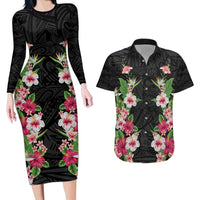 Hawaii Tropical Flowers Couples Matching Long Sleeve Bodycon Dress and Hawaiian Shirt Black Polynesian Tattoo Art