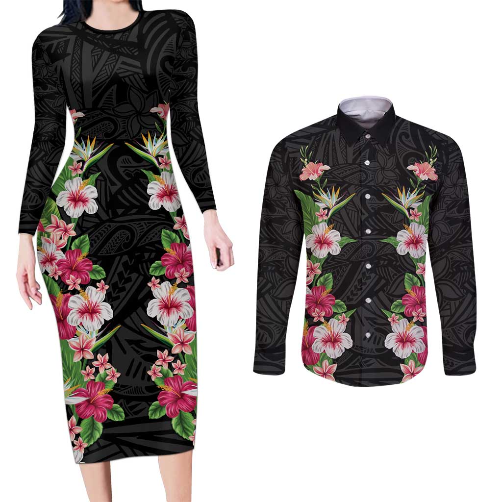 Hawaii Tropical Flowers Couples Matching Long Sleeve Bodycon Dress and Long Sleeve Button Shirt Black Polynesian Tattoo Art LT05 Black - Polynesian Pride