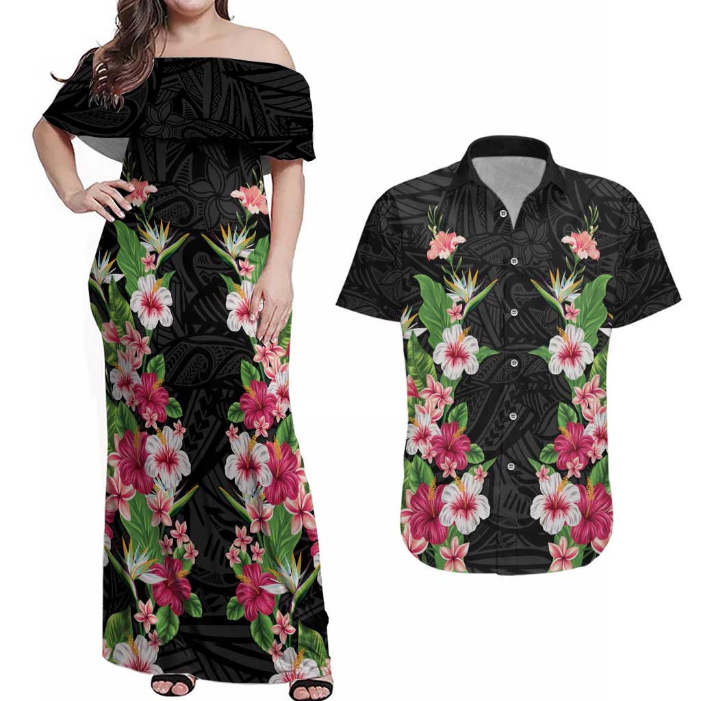 Hawaii Tropical Flowers Couples Matching Off Shoulder Maxi Dress and Hawaiian Shirt Black Polynesian Tattoo Art LT05 Black - Polynesian Pride
